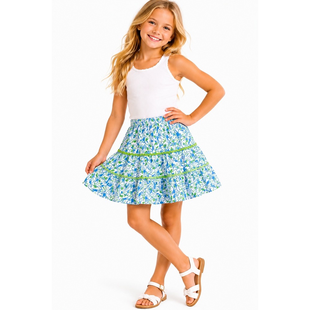 Lilly Pulitzer Skirt Girls 7 Blue Green Monkey Print Tiered Ric Rac Cotton Mini‎